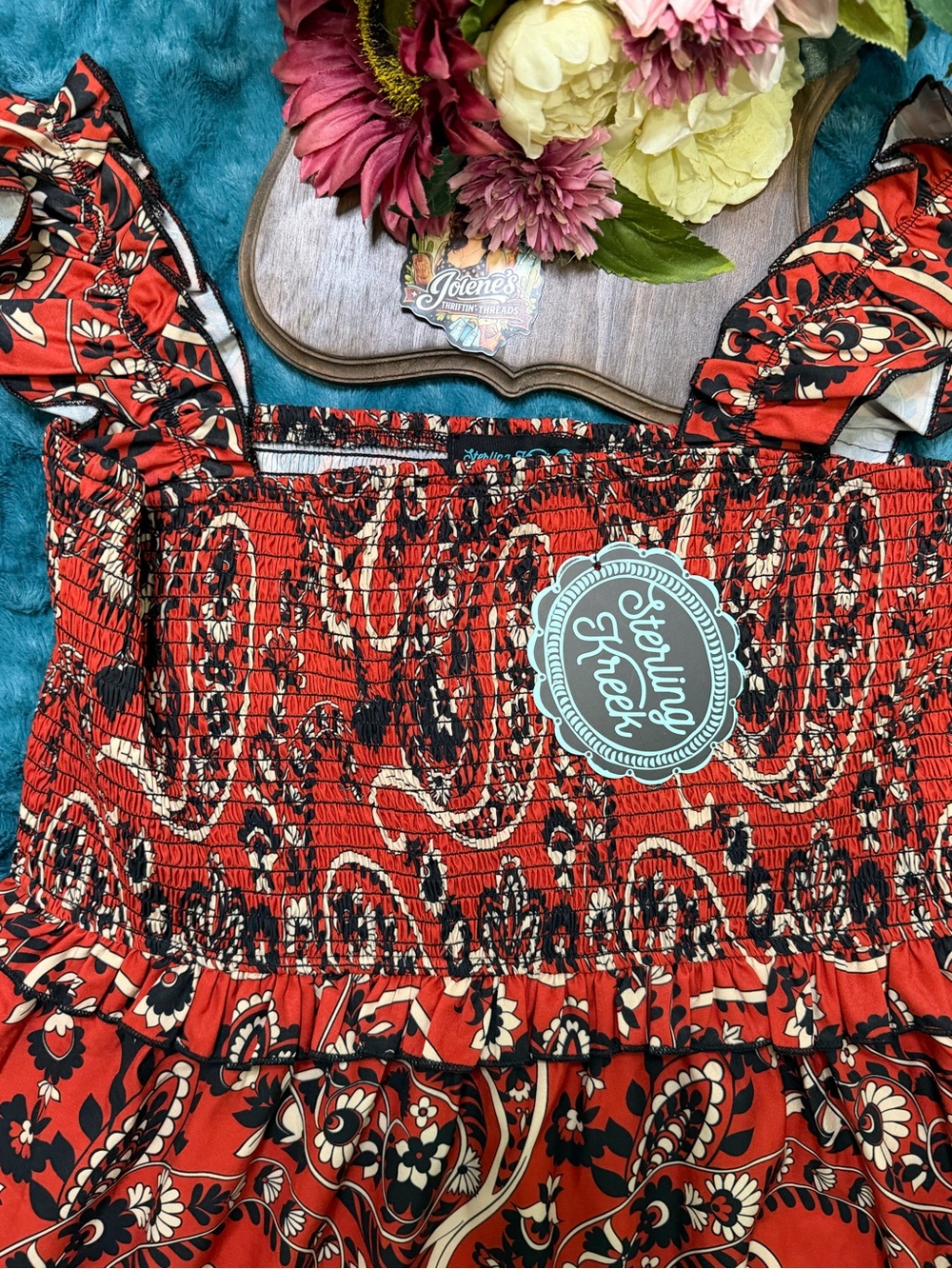 Sterling Kreek Paisley Smocked Maxi Dress Western Boho Cowgirl NWT - Picture 2 of 3